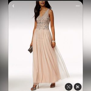 RARE Adrianna Papell Tulle Tan V- Neck Beaded Mesh Gown